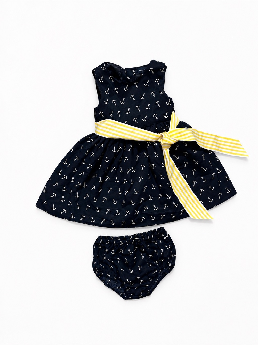 Baby Ralph Lauren Navy Dress with White Anchor Pattern and Yellow Trim 9 Month